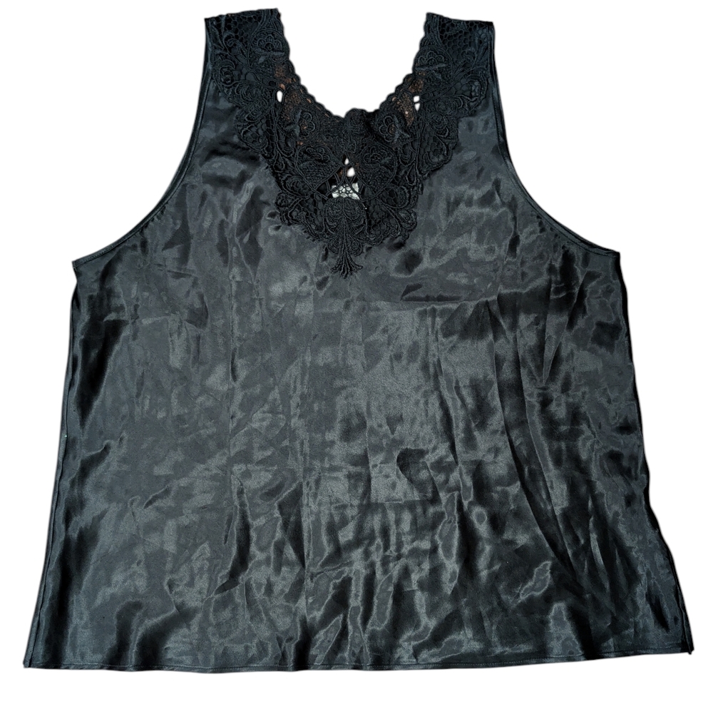 Vintage Black Satin Tank Top Blouse Size XL RN15411 "Movie Star"